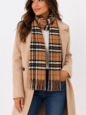 Woolmark Classic Beige Plaid Fringe Scarf pure merino wool checkered tan/black